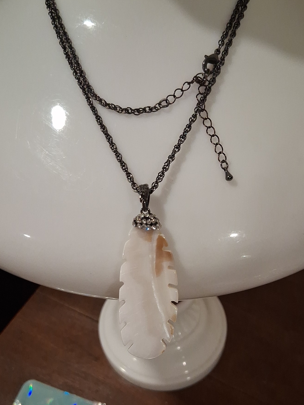 White Feather Pendant Necklace with Gunmetal Chain and Crystal Accent
